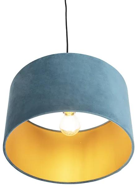 Stoffen Hanglamp met velours kap blauw met goud 35 cm - Combi Klassiek / Antiek E27 cilinder / rond rond Binnenverlichting Lamp