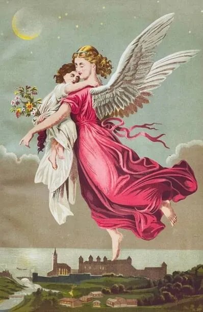 Ilustratie Angel holding a girl flying away, clu