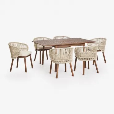 Uitschuifbare Eettafelset Karvia 100-160x100 Cm En 6 Eetkamerstoelen Van Acaciahout En Gevlochten Touw Capri Beige – Crème - Sklum