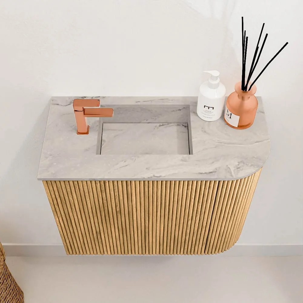 Mondiaz Joya DLux 50cm toiletmeubel ronding rechts oak met wastafel faye links 1 kraangat glace