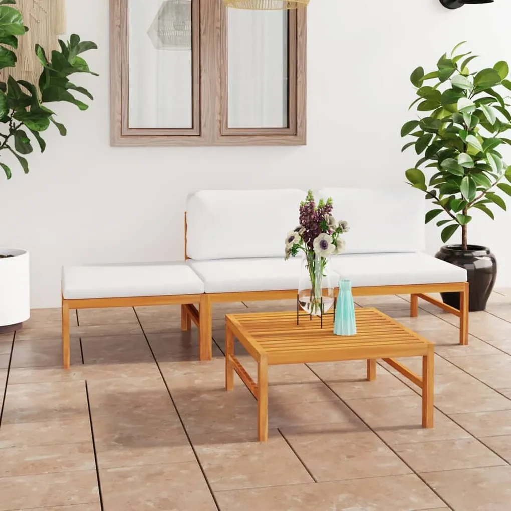 vidaXL 4-delige Loungeset met crèmekleurige kussens massief teakhout