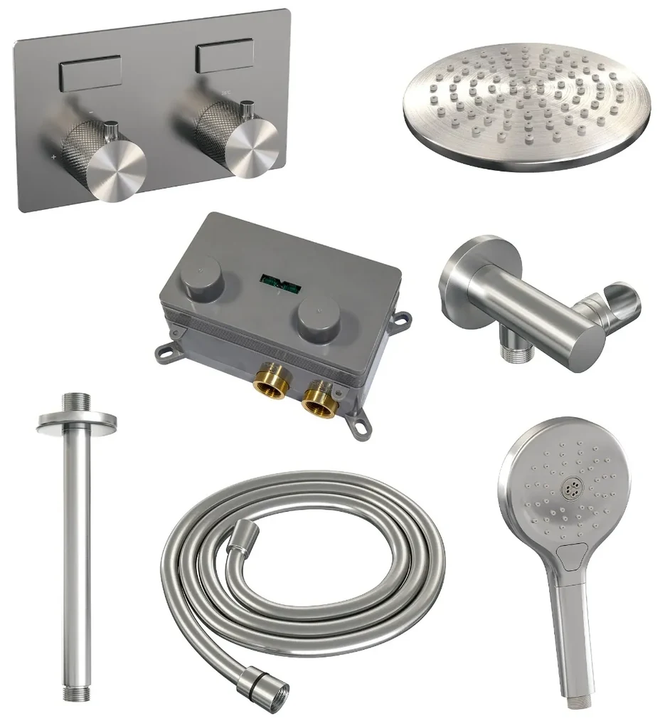Brauer Brushed Carving thermostatische inbouw regendouche met 3 standen handdouche, plafondarm en hoofddouche 20cm set 59 RVS geborsteld PVD