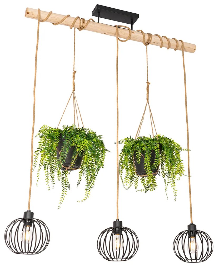 Landelijke hanglamp zwart met hout 3-lichts - Yura
