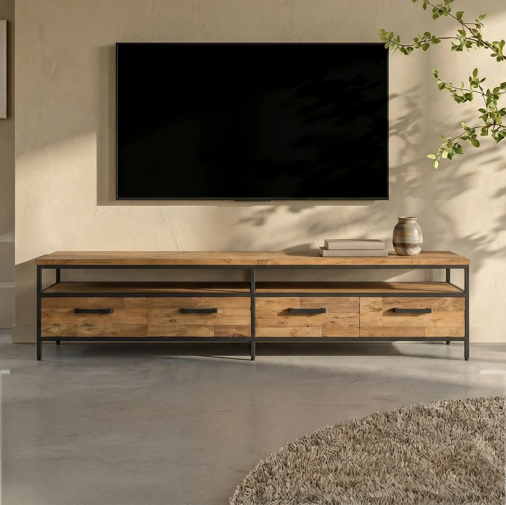Tv-meubel Teak Met Lades 200 Cm - 200x40x45cm.