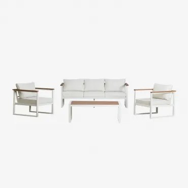 Tuinset Met 3-zitsbank, 2 Fauteuils En Salontafel In Aluminium En Lipov Acaciahout Gardenia Wit - Sklum