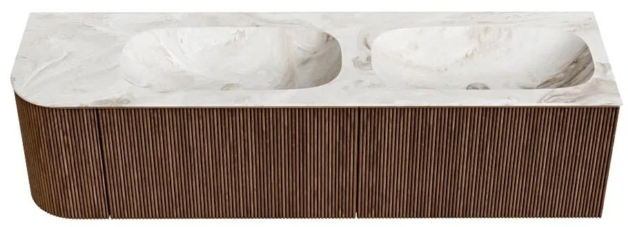 Mondiaz Kurve-dlux 165cm badmeubel ronding links walnut met 2 lades en 1 deur en wastafel stor small dubbel/rechts zonder kraangat frappe