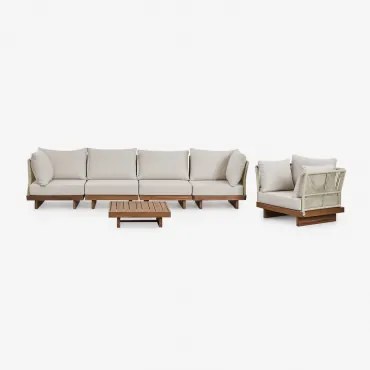 Woonkamerset Met 4-delige Modulaire Bank Met 2 Hoekfauteuils, Salontafel En Fauteuil In Dailin Acaciahout Acacia Bruin - Sklum
