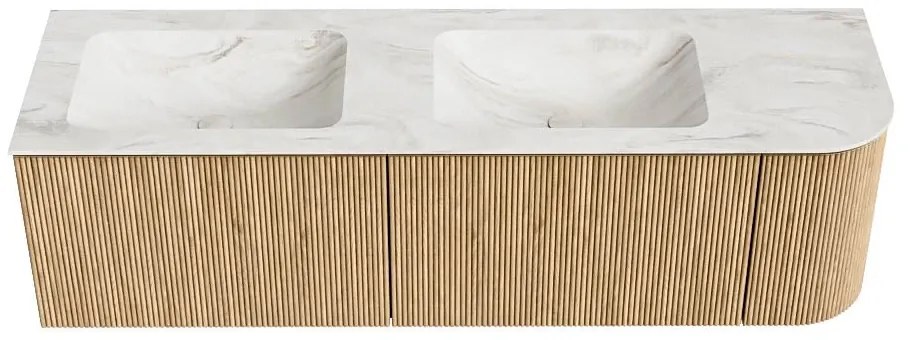 Mondiaz Kurve-dlux 155cm badmeubel ronding rechts oak met 2 lades en 1 deur en wastafel leaf dubbel/links zonder kraangat ostra
