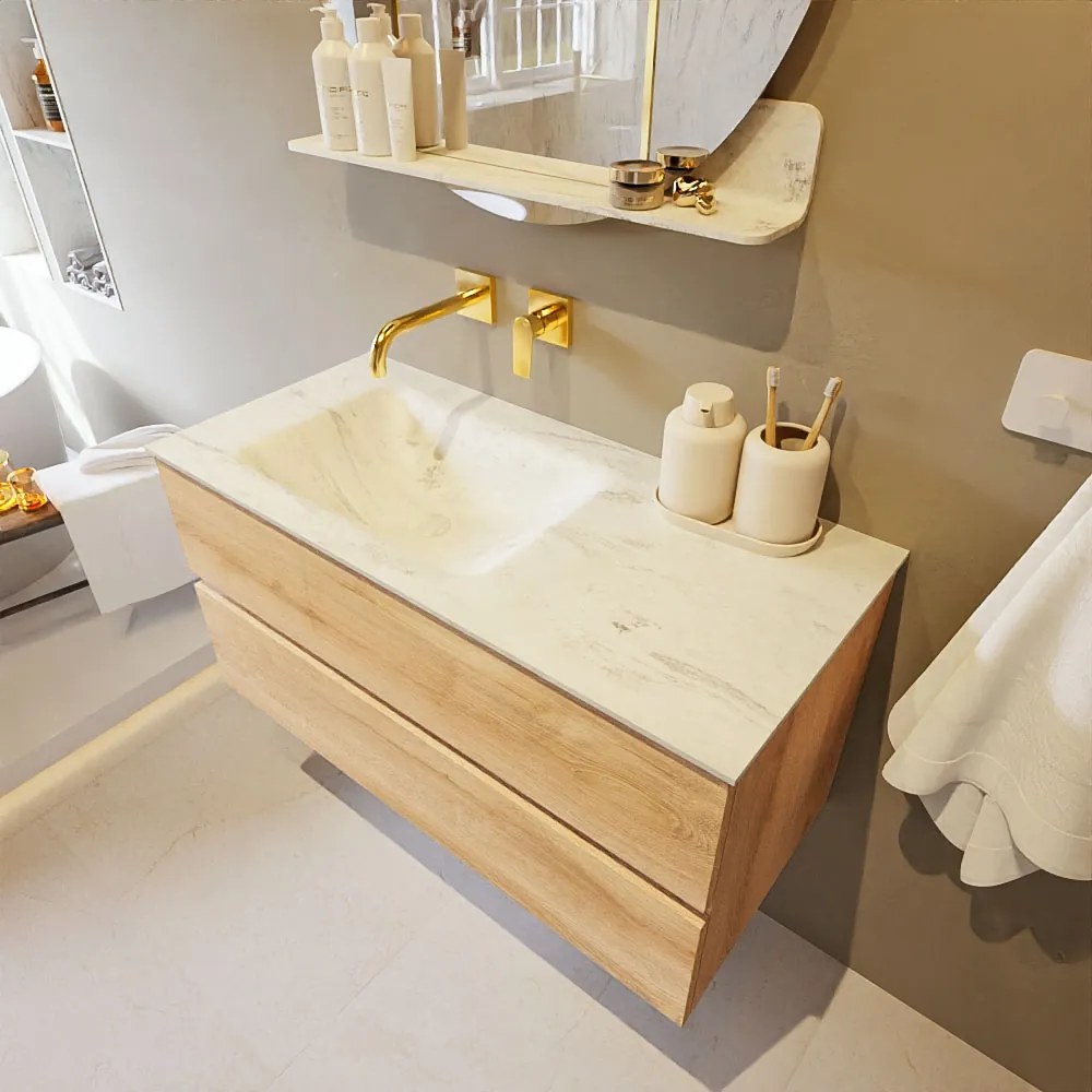 Mondiaz Vica DLux badmeubel 100cm washed oak 2 lades met wastafel opalo links zonder kraangat