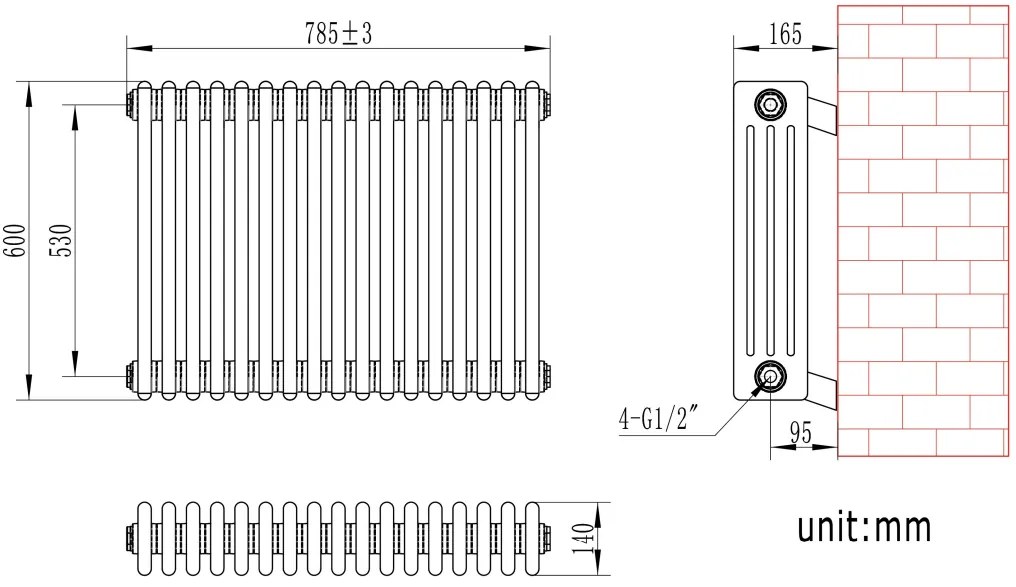 Eastbrook Rivassa 4 koloms radiator 80x60cm staal 1641W antraciet