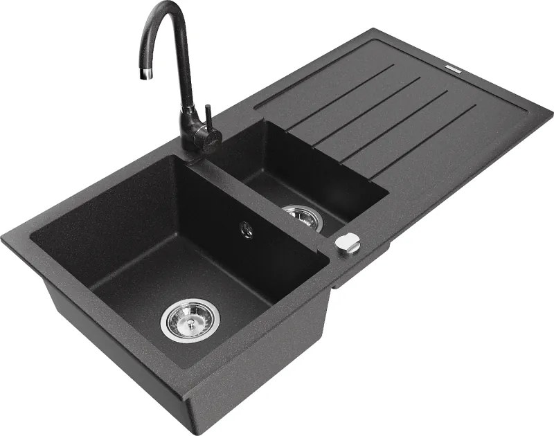 Mexen Andres granieten gootsteen 1,5-komorige met afdruiprek en keukenkraan Telma, zwart gespikkeld - 6515-76-670200-76