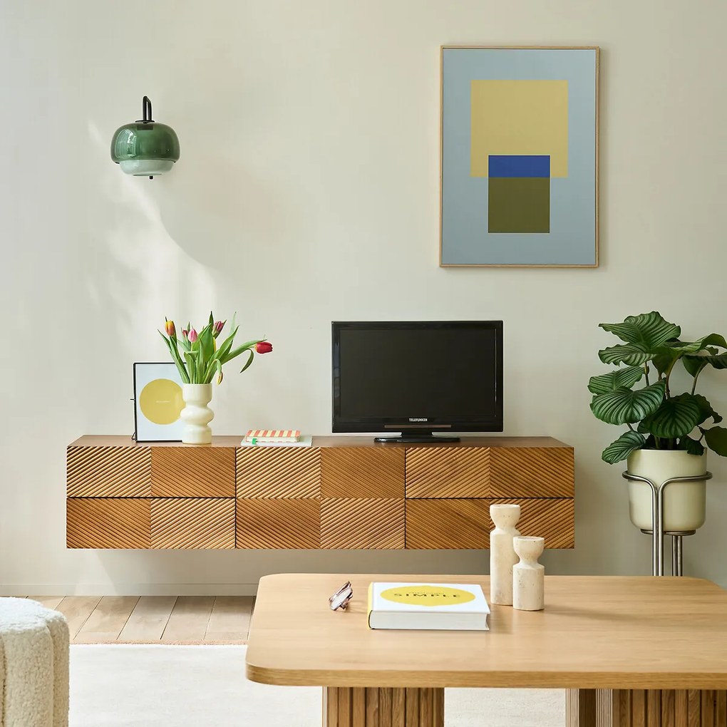 Hangende tv-kast, gefineerd, met reliëffront., breedte 150 cm, JEREM