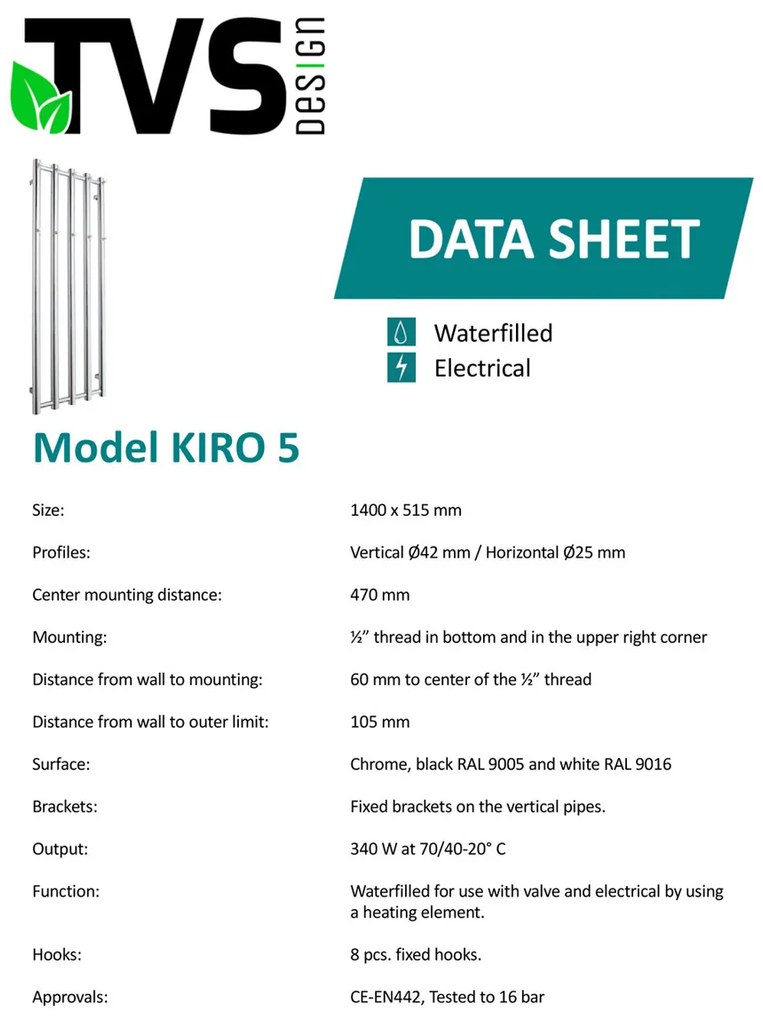 TVS Design Kiro 5 handdoekradiator zwart 340W 140x51,5cm