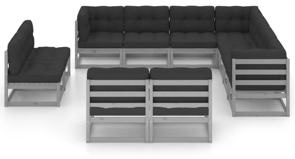 vidaXL 11-delige Loungeset met kussens massief grenenhout grijs