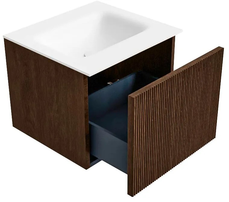 Mondiaz Kurve 50cm badmeubel walnut met 1 lade en wastafel grunne midden 1 kraangat