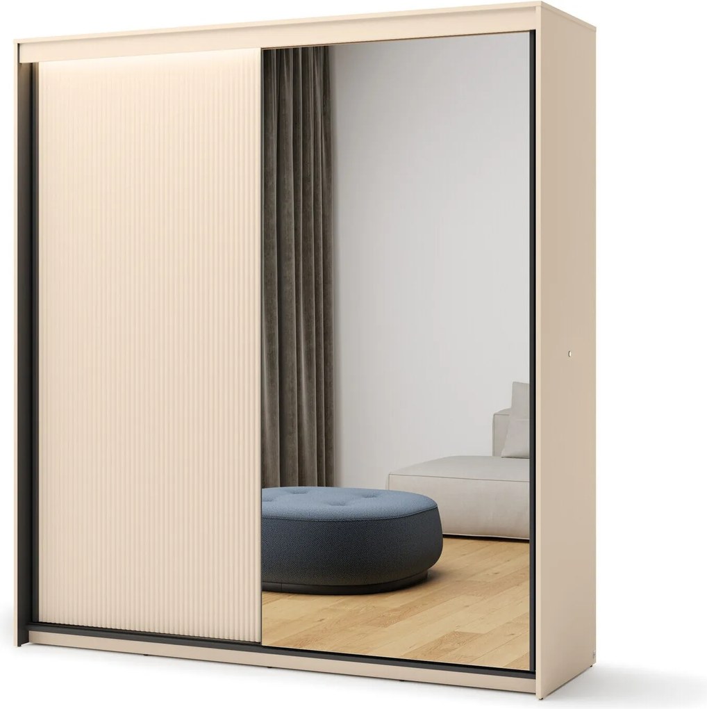 Kledingkast Lorfera 100, Beige, Zwart, 222x200x63cm, 189 kg, Kledingkast deuren: Schuivend