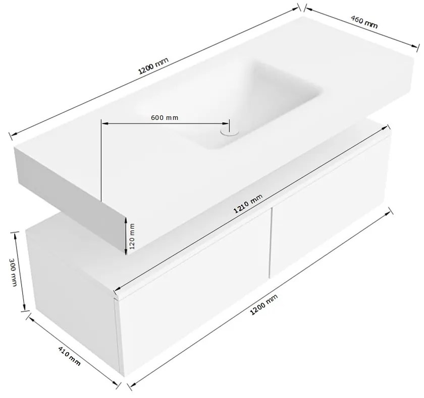 Zaro Alan badmeubel 120cm sand met 2 lades en vrijhangende wastafel midden met kraangat wit mat