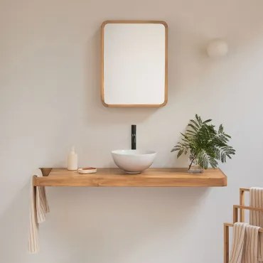 Conjunto Van Meubel 130x45 Cm Hangend In Teakhout Neill Teakhout & Mat Zwart ↑30 Cm Met Afvoerkraan Zonder Overloop Orveta & Rond Wit Keramiek Ø30 Cm