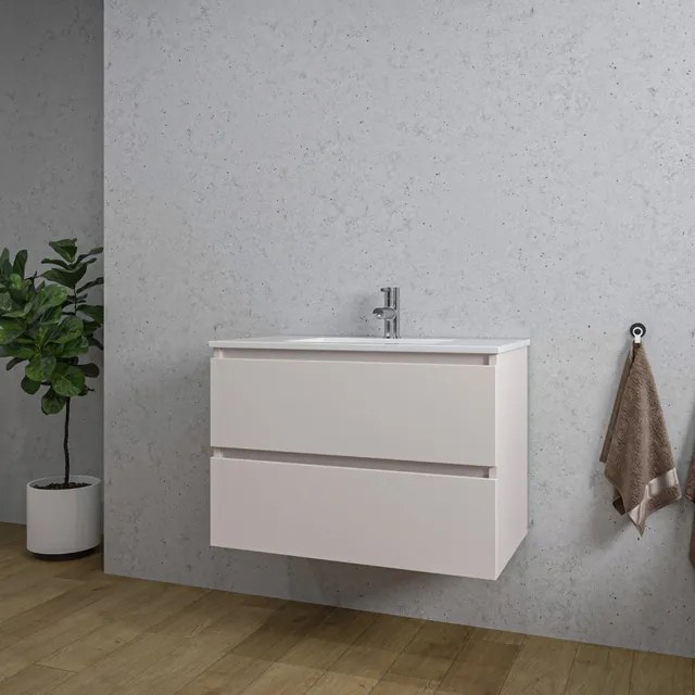 Adema Chaci Badkamermeubelset - 80x46x55cm - 1 keramische wasbak wit - 1 kraangat - 2 lades - mat cotton (beige) SW804531/SW1212765