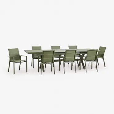 Rechthoekige Uitschuifbare Tafel 240-300x100 Cm En 8 Stapelbare Tuinstoelen Met Armleuningen Van Aluminium Karena Groen – Intens Olijf - Sklum