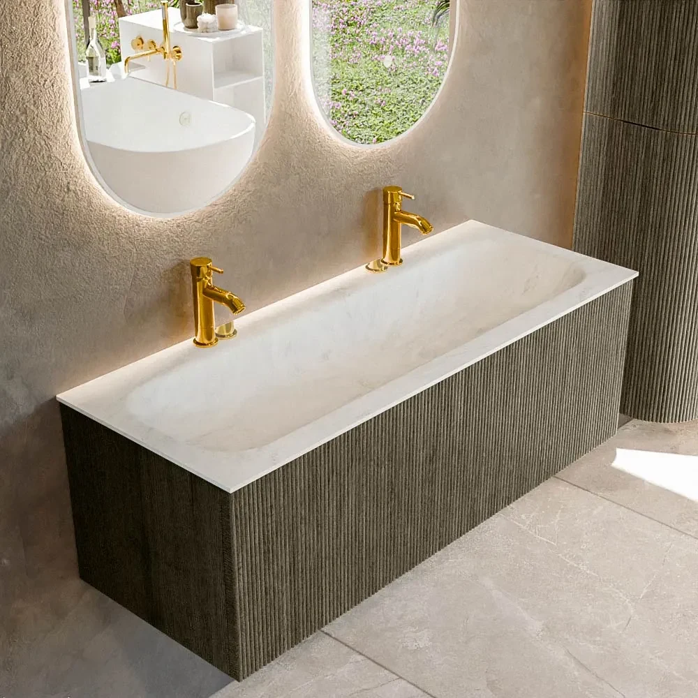 Mondiaz Kurve-dlux 120cm badmeubel shadow met 1 lade en wastafel big large midden 2 kraangaten opalo
