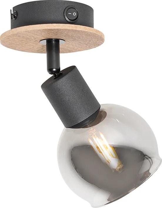Art Deco spot zwart met smoke glas en hout - Vidro