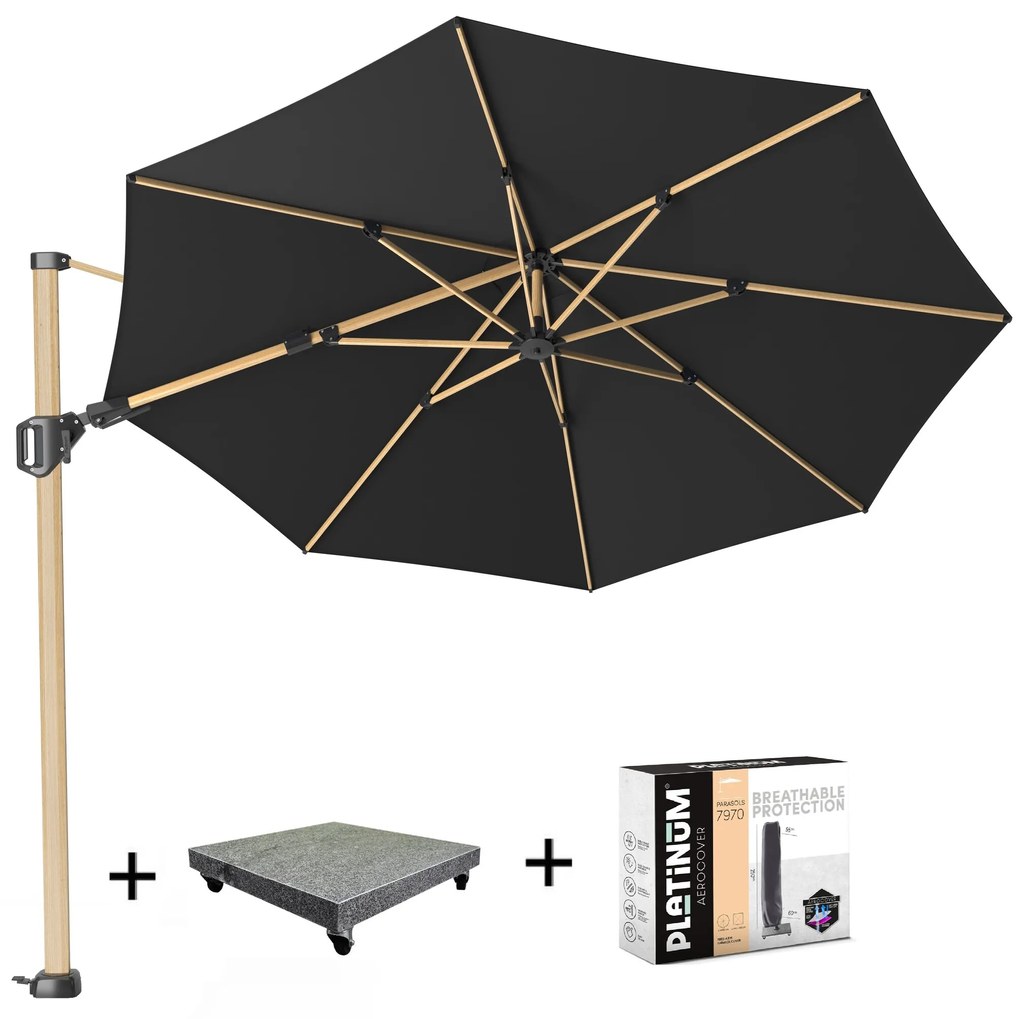 Challenger T2 premium zweefparasol 350 cm rond oak mast faded black  met 90 KG voet en hoes