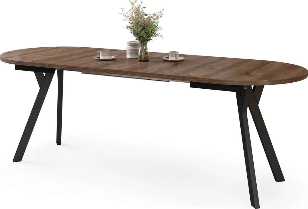 Mazzoni ALMO Bruin Eiken / zwarte poten - OVALE UITSCHUIFTAFEL 120-220 cm VOOR 10-12 PERSONEN