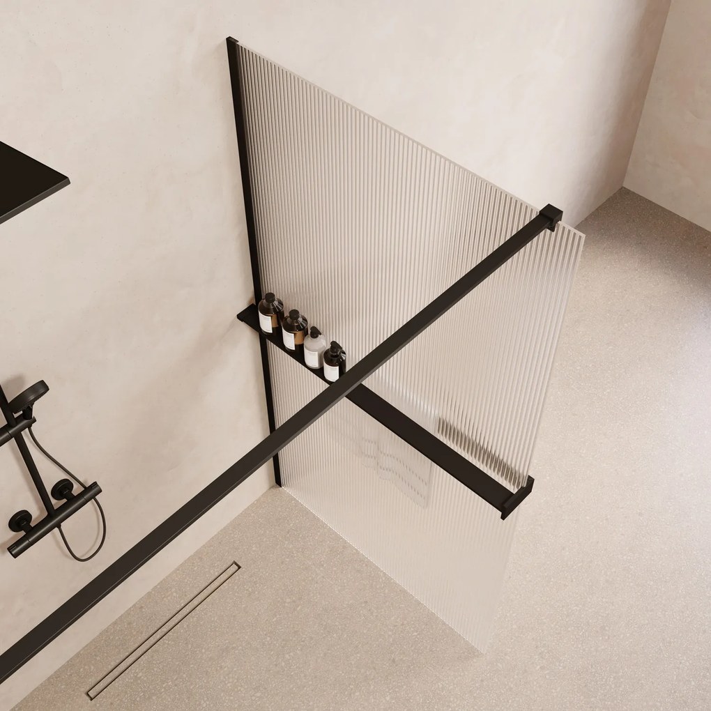 Saniclear Metric inloopdouche 120cm met handdoekhouder en ribbelglas zwart mat