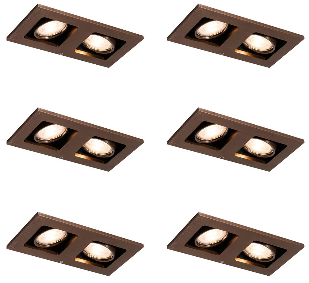 Set van 6 Inbouwspot donkerbrons rechthoekig 2-lichts draai en kantelbaar - Qure