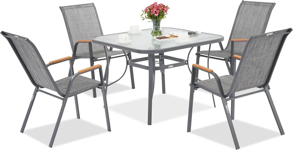 Modena/Bitonto metalen tuinmeubelen voor 4 personen met Garden Point vierkante tafel grijs