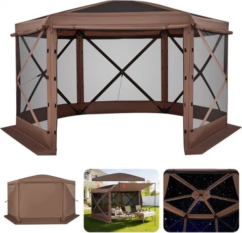 VEVOR Pop-up Paviljoen, 3,6 x 3,6 m, 6-zijdige campingtent met afneembaar dak en draagtas, zonnescherm voor 8-10 personen, partytent voor tuin en terras, bruin