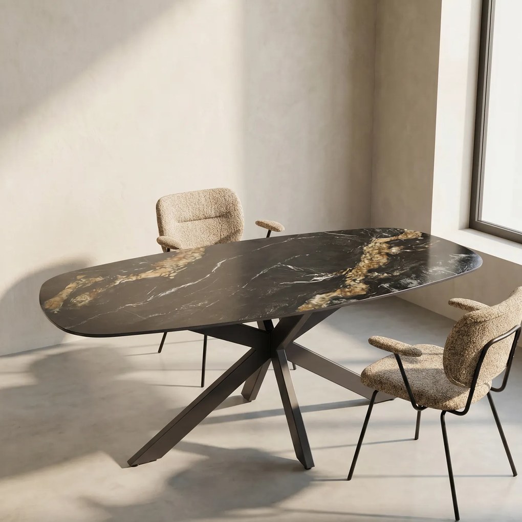 Ovale Eettafel Marmerlook Zwart Goud - 180 X 90cm.
