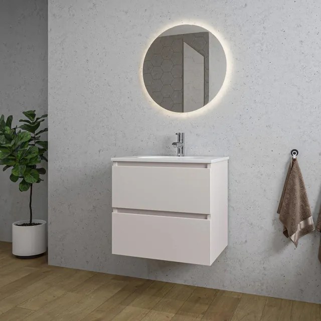 Adema Chaci Badkamermeubelset - 60x46x57cm - 1 ovale keramische wasbak wit - 1 kraangat - 2 lades - ronde spiegel met verlichting - mat cotton (beige) SW1122821/SW718716/SW108325