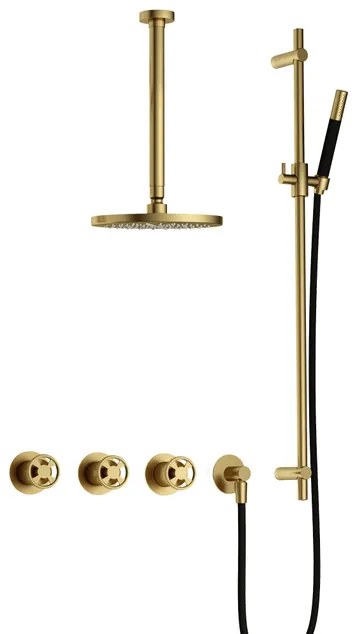 Hotbath Cobber IBSW70 Regendoucheset inbouw - 30cm plafondarm - 20cm ronde hoofddouche - staafhanddouche - glijstang - Geborsteld messing PVD IBSW70BBP37