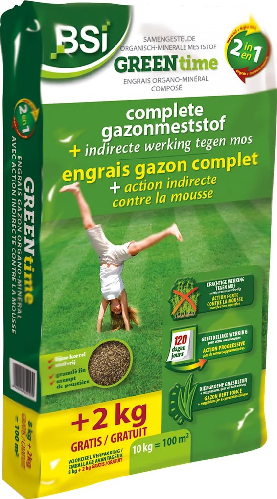 BSI gazonmeststof 10kg voor 100m² - Green Time 2-in-1 met indirecte werking tegen mos