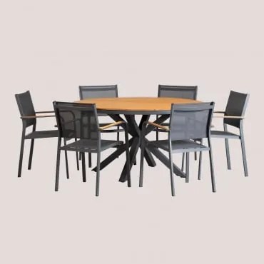 Ronde Tafelset Ø140 Cm Van Eucalyptus Hout En 6 Stapelbare Tuinstoelen Van Aluminium Archer Grijs – Grafiet - Sklum