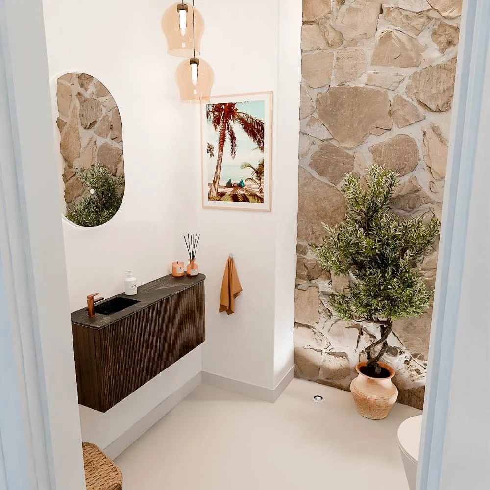 Mondiaz Joya DLux 90cm toiletmeubel ronding rechts walnut met wastafel faye links 1 kraangat lava