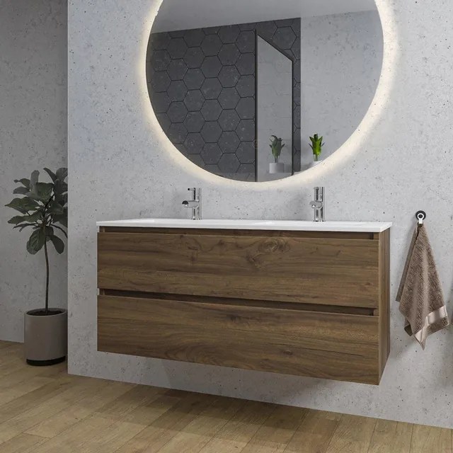 Adema Chaci Badkamermeubelset - 120x46x57cm - 2 keramische wasbakken wit - 2 kraangaten - 2 lades - ronde spiegel met verlichting - noten (hout) SW1212779/SW804533/SW161923