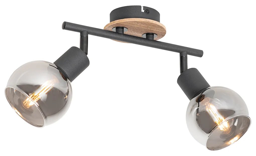 Plafondlamp zwart met smoke glas en hout 2-lichts - Vidro