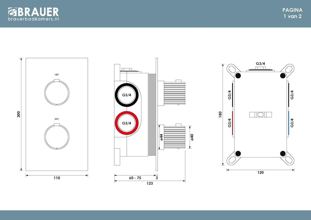 Brauer Stripe 3-weg inbouwthermostaat zwart mat