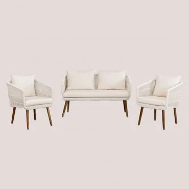 Tuinset Met 2-zitsbank En 2 Fauteuils Van Acaciahout En Gevlochten Touw Barker Gardenia Wit - Sklum