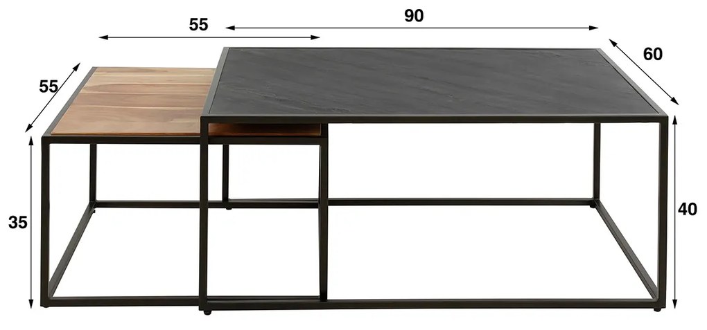 Salontafel Set Leisteen En Hout - 90 X 60cm.