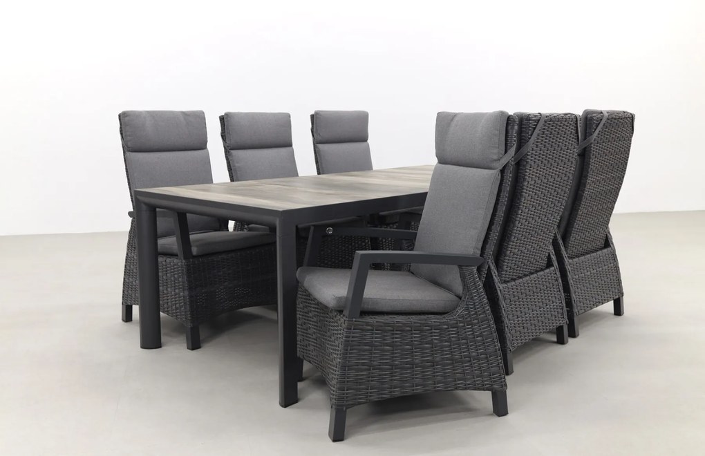 Darwin/Kings 6-persoons wicker verstelbare tuinset 220x100 cm. - Antraciet/Houtlook