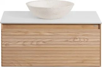 Tedrik Zwevend Badkamermeubelset Van Essenhout Ash Brown & Rond Cement Wit Ø40 Cm Zavion & Spiegelloze & Zonder Kraan - Sklum