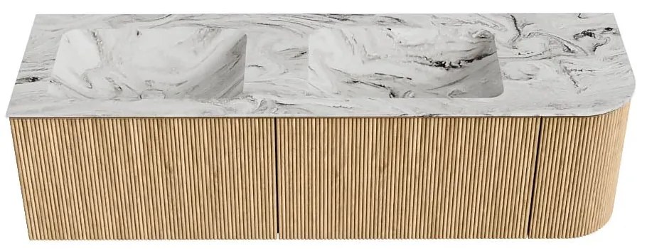 Mondiaz Kurve-dlux 155cm badmeubel ronding rechts oak met 2 lades en 1 deur en wastafel leaf dubbel/links 2 kraangaten glace