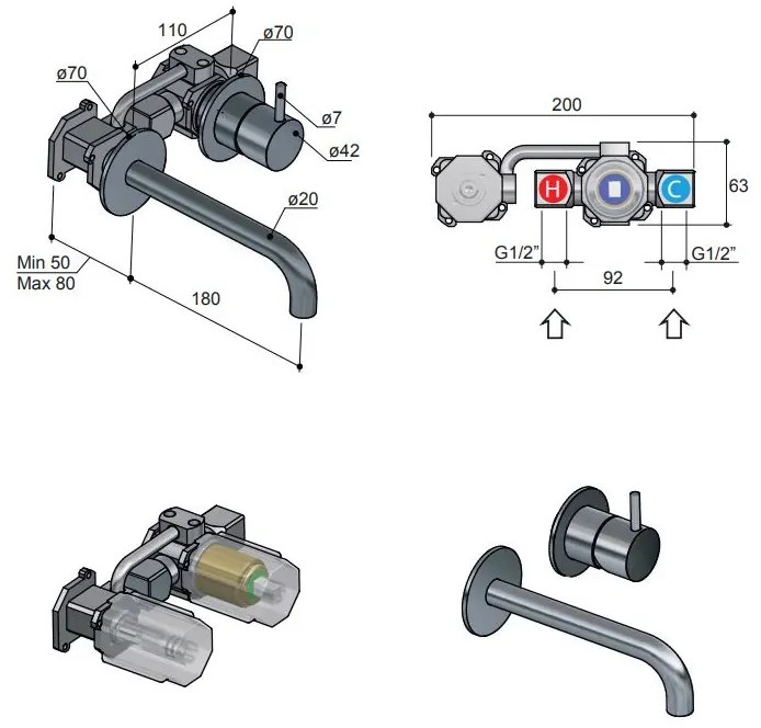 Hotbath Cobber 2-gats inbouw wastafelkraan 18cm verouderd messing