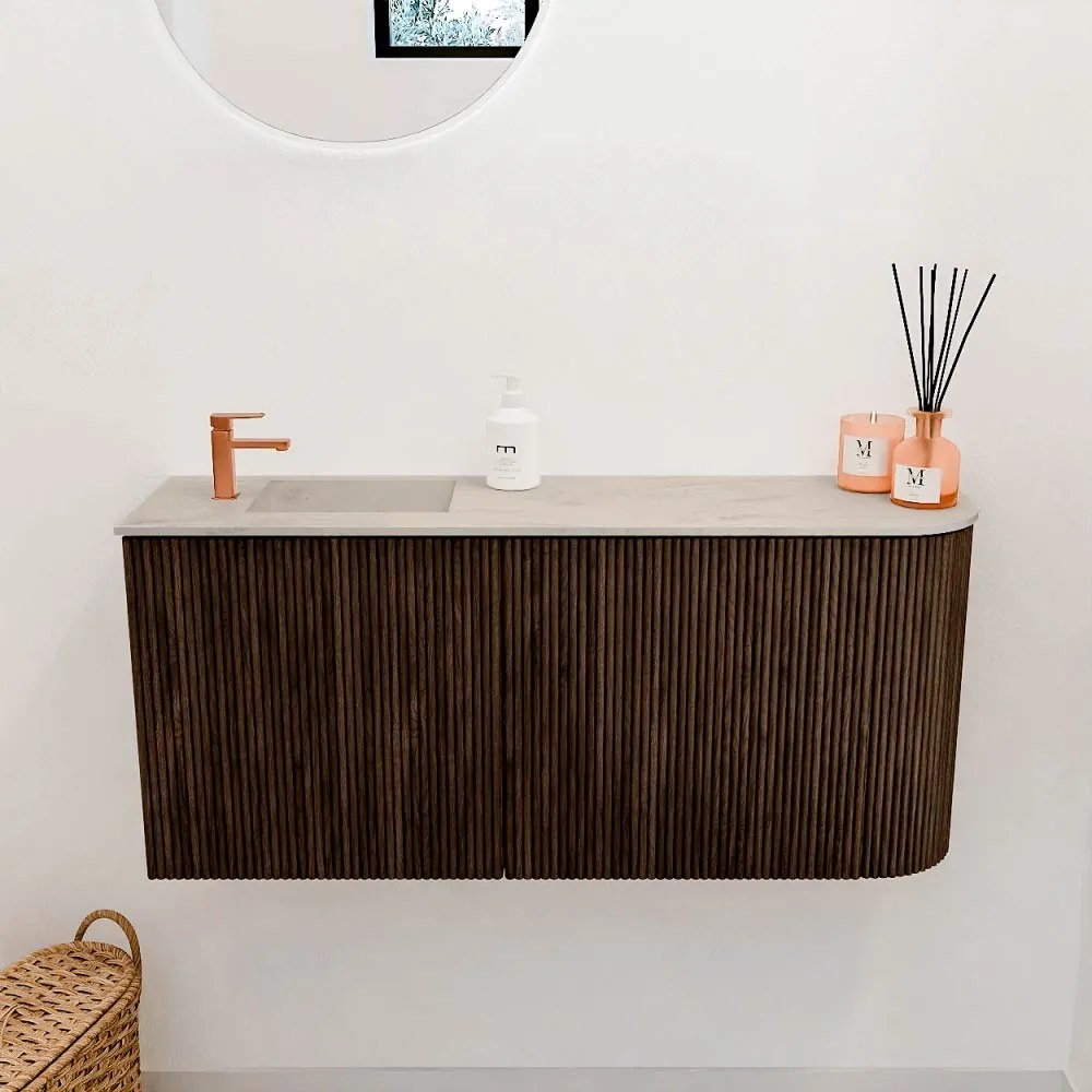 Mondiaz Joya DLux 90cm toiletmeubel ronding rechts walnut met wastafel faye links 1 kraangat opalo