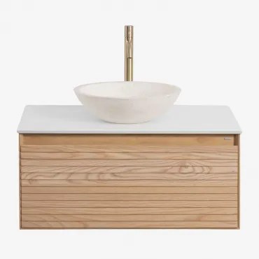 Badkamermeubelset Van Tedrik Essenhout Ash Brown & Rond Cement Wit Ø40 Cm Zavion & Spiegelloze & Goud ↑30 Cm Met Aftapkraan Zonder Overloop Orveta -