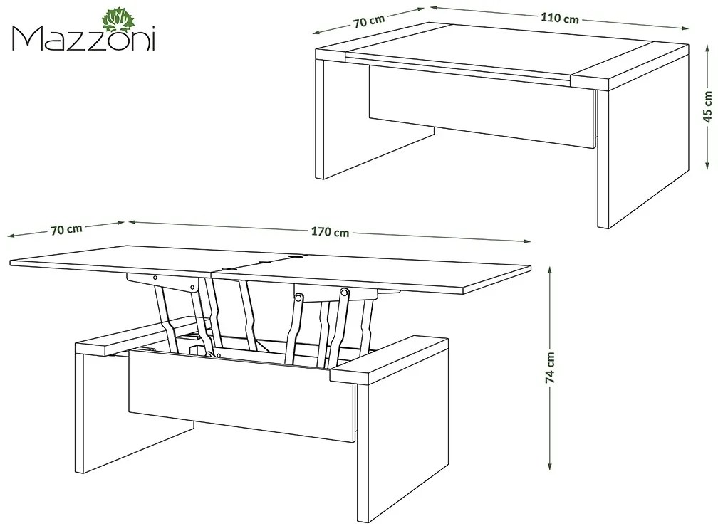 SPACE bruin eiken / zwart, opklapbare salontafel, in hoogte verstelbaar